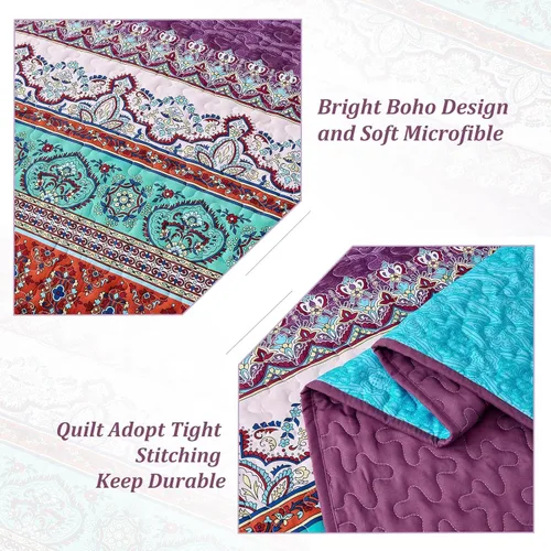 Miniatura 7 de WONGS BEDDING Juego de Colcha Morada Tamaño King, Juego de Colchas Bohemias a Rayas de 3 Piezas, Colcha Ligera de Microfibra para Todas las Púrpura