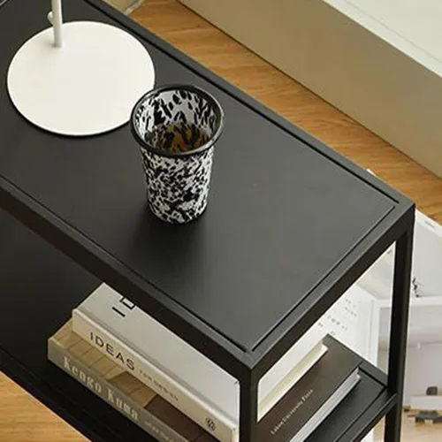 Miniatura 6 de Mesa auxiliar de metal para sofá cuadrado, estante de almacenamiento de doble capa, mesitas de noche movibles modernas, mesa auxiliar