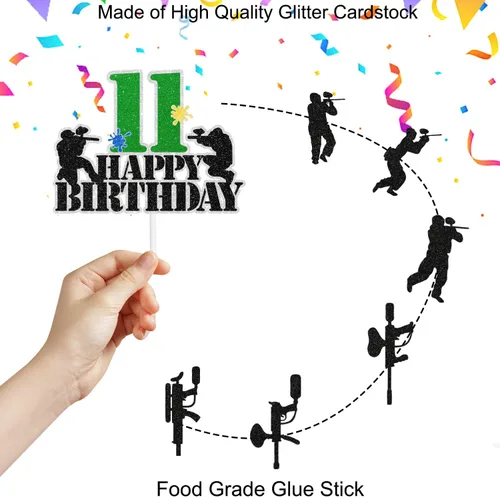 Miniatura 3 de Paintball - Juego de 7 decoraciones para tartas de cumpleaños para niños de 11 años, decoración de juego de disparos con temática de disparos