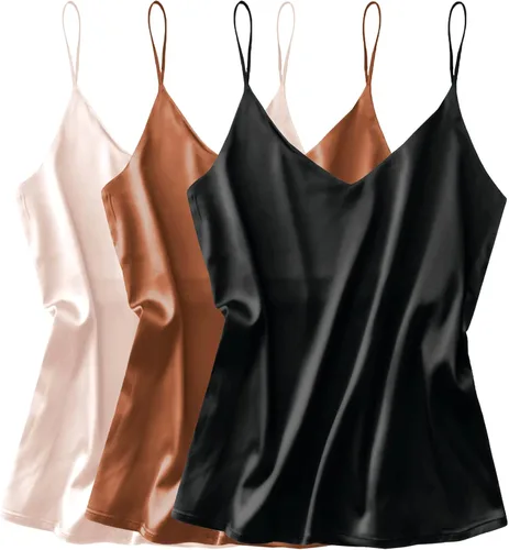 Ekouaer - 3 Pack Camiseta sin mangas de satén de seda para mujer, con cuello en V, tirantes delgados, holgada, paquete de 3 unidades