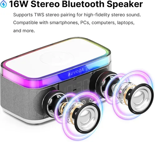 Miniatura 3 de Altavoz Bluetooth S300, altavoz portátil inalámbrico con carga inalámbrica de 15 W, luz nocturna de 13 colores, alarma, estéreo de 16 W, TWS, BT5.3