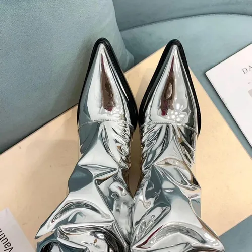 Miniatura 2 de Vertundy Botas altas hasta la rodilla metálicas con punta puntiaguda para mujer, botas altas de tacón alto de charol plisadas, botas largas plisadas