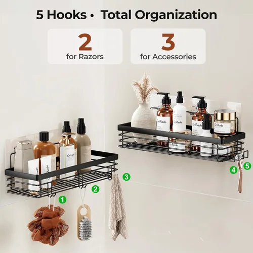 Miniatura 7 de Orimade Organizador de ducha con 5 ganchos para colgar maquinilla de afeitar y esponja, estante de ducha adhesivo, cesta de almacenamiento de baño