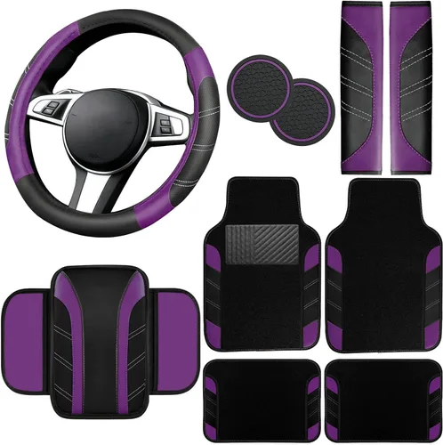 Miniatura 12 de NBTEPEM Juego de 6 accesorios de automóvil beige, funda de cuero deportivo para volante de 14.5 a 15 pulgadas, universal, funda de cuero