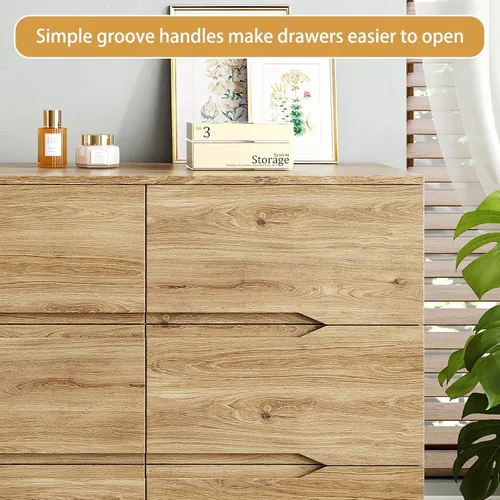 Miniatura 5 de Cómoda natural de 9 cajones para dormitorio, cómoda de 60.3 pulgadas de ancho con mango de ranura, modernos aparadores grandes con riel deslizante