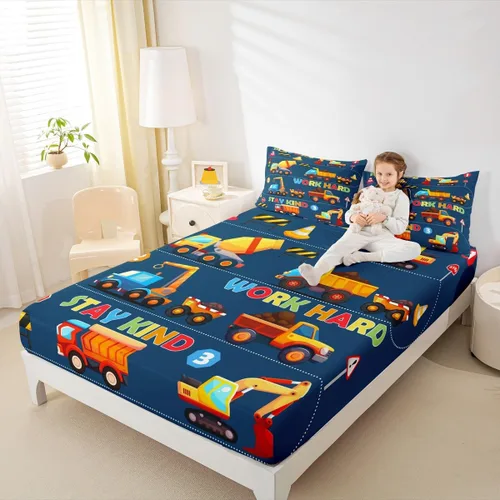 Miniatura 3 de Manfei Sábana bajera ajustable de dibujos animados para niños, tamaño individual, bonito juego de ropa de cama con excavadora, camión, tractor