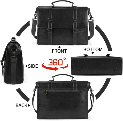 Miniatura 6 de Bolso bandolera de cuero para hombre, estilo vintage, de 15.6 pulgadas, impermeable, de cuero, para laptop, bolsa de hombro grande, bolsa de hombro