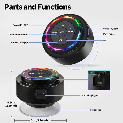 Miniatura 7 de Altavoz de ducha Bluetooth, altavoces Bluetooth portátiles con ventosa, altavoz impermeable IP67 con luz LED, inalámbrico, flotante, para camping