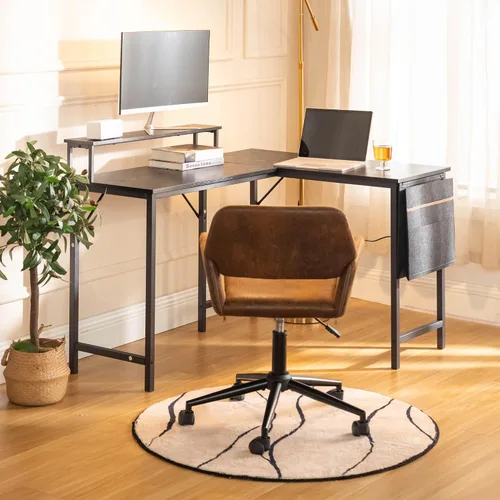 Miniatura 8 de FurnitureR Escritorio para computadora en forma de L de 48.8 pulgadas con bolsa de almacenamiento y luz LED, espaciosa estación de trabajo