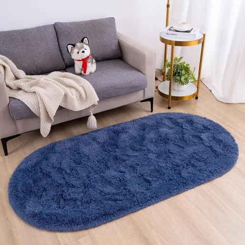 Miniatura 2 de Goideal Alfombra Esponjosa para Dormitorio, Alfombras de Área Ovaladas Pequeñas, Alfombra Shag de Cabecera Azul Marino Claro para Habitación