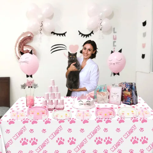 Miniatura 3 de 81 piezas de decoraciones de fiesta de cumpleaños de gatos, incluyendo platos de gato rosa y blanco, servilletas para mascotas y mantel MEOW