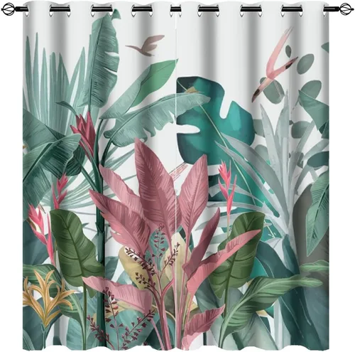 Miniatura 31 de Cortinas abstractas de hojas tropicales, acuarela tropical, hojas de palma, verano hawaiano, plátano, aislamiento térmico, cortinas completas
