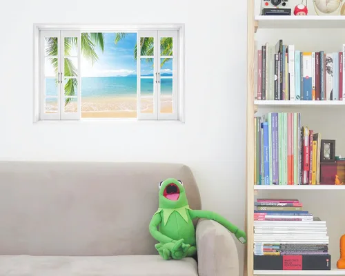 Miniatura 3 de FLFK Calcomanía de pared falsa para ventana, diseño de vista tropical del océano para despegar y pegar, 24 x 16 pulgadas