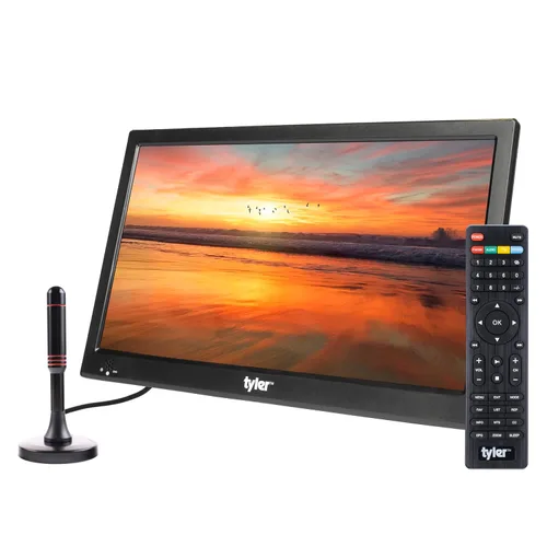 Tyler TV Monitor LCD Portátil de 16" con Batería Capacidad Inalámbrica HD-TV, HDMI, USB, RCA, AC/DC, Radio FM, Cargador de Coche, Control Remoto,
