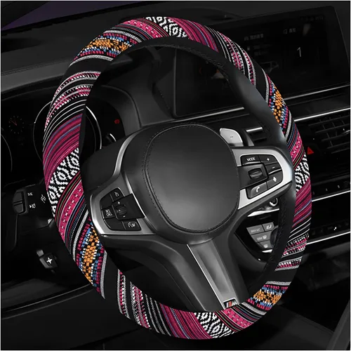 Miniatura 13 de Funda bohemia para volante, tela de lino grueso de 15 pulgadas, estilo étnico, antideslizante, protector universal transpirable para volante