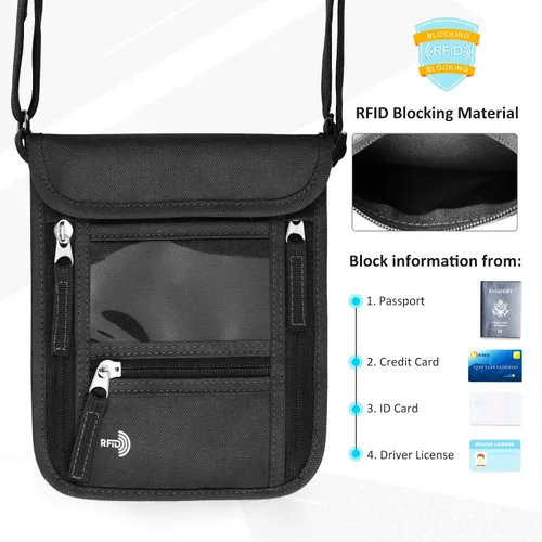 Miniatura 3 de WALNEW Soporte para pasaporte para el cuello cartera de viaje con bloqueo RFID 7 bolsillos con correa ajustable para el cuello para mantener tu