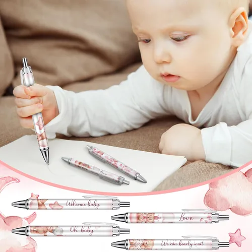 Miniatura 5 de Chuangdi 24 bolígrafos de oso rosa para baby shower, bolígrafos retráctiles a granel, tinta negra con regalos para invitados, suministros escolares