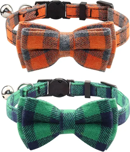 Miniatura 25 de Joytale Collar de gato mejorado con campanas, collares de gato separables con corbatín, 1 paquete de collares de gatito de cuadros de seguridad