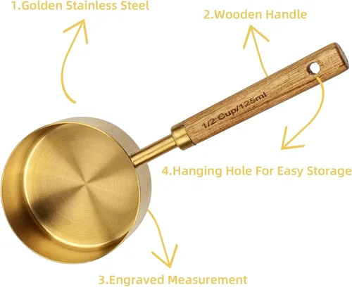 Miniatura 5 de Juego de tazas y cucharas medidoras Muchtolove de 8, taza medidora de acero inoxidable dorada con mango de madera, para Dorado