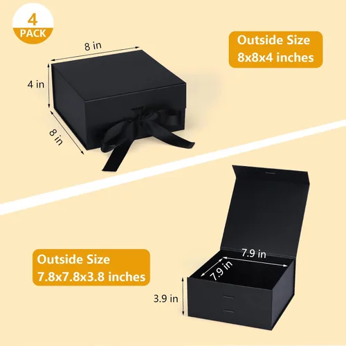 Miniatura 2 de Giftgarden Paquete de 4 cajas de regalo negras de 8 x 8 x 4 pulgadas con tapas magnéticas de cinta, caja cuadrada plegable para regalo, Navidad