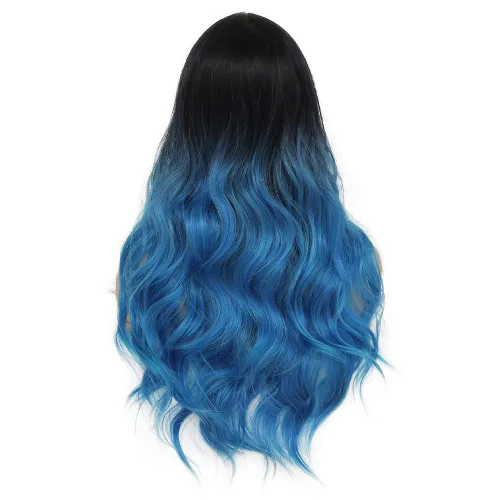 Miniatura 5 de Tseses Pelucas largas y onduladas de color azul degradado para mujer, pelucas de cabello sintético con raíces oscuras, cosplay, fiesta de Halloween