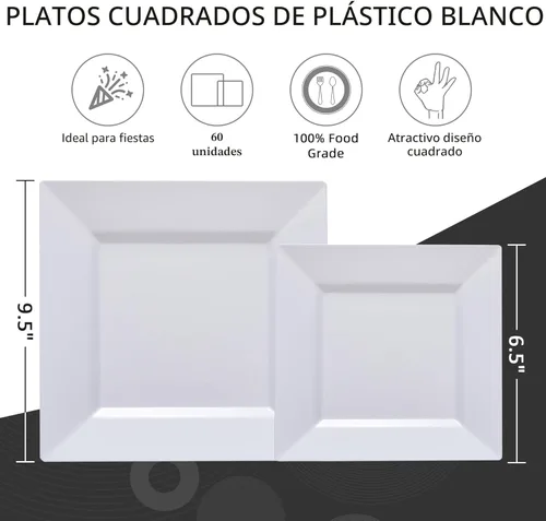 Miniatura 3 de N9R 60 platos de plástico cuadrados blancos, 30 platos de cena y 30 platos de postre resistentes, platos desechables elegantes para fiestas, bodas