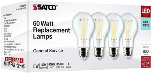 Miniatura 8 de Satco 12464-8A19/CL/LED/E26/940/4PK/120V (S12464) A19 A Line Pear Bombilla LED