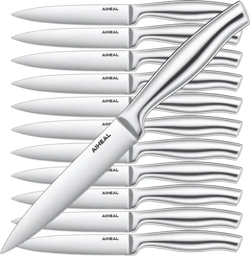 Miniatura 10 de Aiheal Cuchillos para carne, juego de 8 cuchillos de carne de acero inoxidable, nunca necesita afilar el juego de cuchillos para carne, cuchillos