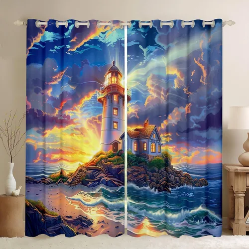 Miniatura 8 de Erosebridal Nautical Lighthouse Blackout Curtains 30-50% Navigation Theme Curtains for Women Men Watercolor Seascape Window Treatments Coastal Night