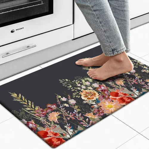 MAYHMYO Alfombra de Cocina Anti Fatiga Tapete de Cocina Acolchado Negro Plantas Florales Lindas Alfombras de Cocina Vintage Antideslizantes