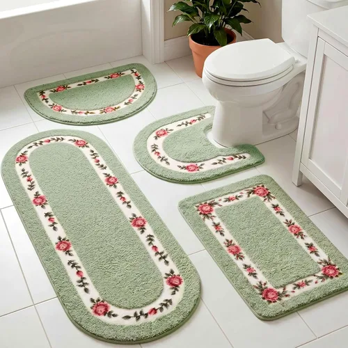 Miniatura 9 de Timgle Juego de 4 alfombras de baño con diseño de coqueta de rosas y flores, antideslizantes, absorbentes, lavables, tapete de baño floral