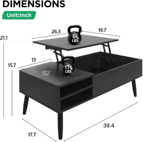 Miniatura 2 de PayLessHere Mesa auxiliar elevable de 39 pulgadas con almacenamiento ajustable y compartimento oculto, mesa de centro pequeña de madera