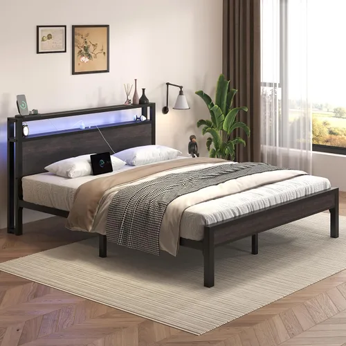 Miniatura 3 de E-Motie Base de cama de tamaño matrimonial con luces LED y estación de carga, cabecera de almacenamiento de madera con estantes de 2 niveles