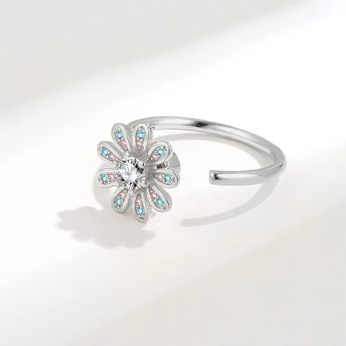 Miniatura 4 de Daisy Flower Spinner - Anillo abierto con circonita cúbica ajustable alivio del estrés anillos para los dedos antiansiedad preocupación promesa amor