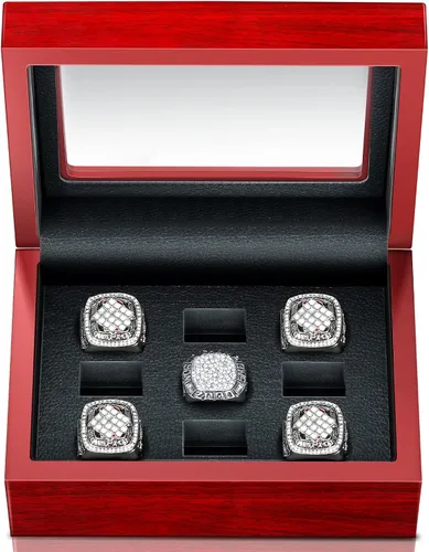 Kigeli Expositor de anillos de campeonato, caja de madera con 9 agujeros para múltiples anillos, anillos de béisbol, sóftbol y deportes
