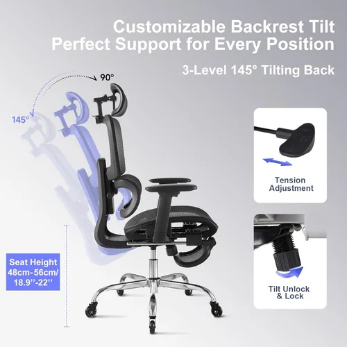 Miniatura 8 de Silla de oficina con reposapiés, silla ergonómica con almohada para el cuello y ruedas de goma, silla de computadora con respaldo ajustable y Negro