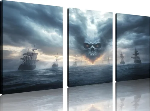 Miniatura 36 de TutuBeer 3 Piezas Arte de Pared Batalla Naval Barco Imagen Barco Pirata Velero Póster Barco Pirata Azul en Llamas Imagen Impresa en Lienzo Póster