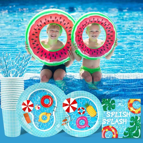 Miniatura 6 de Suministros y decoraciones para fiesta en piscina, juego de platos y servilletas de papel desechables de verano para niños con tazas y pajitas
