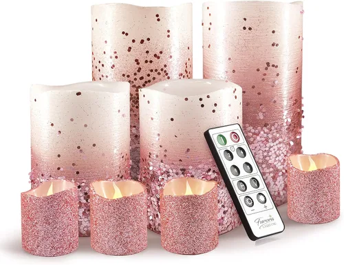 FURORA LIGHTING Velas LED de purpurina rosa con control remoto y temporizador, 4 pilares y 4 votivas, paquete de 8, velas parpadeantes sin llama de