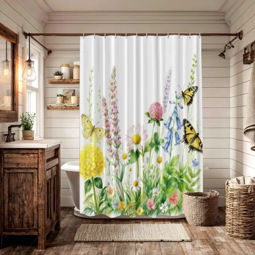 Miniatura 3 de Batmerry Cortina de ducha decorativa botánica con hojas blancas, flores románticas, borde victoriano, libélula y flores silvestres, bonita y ancha
