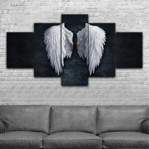 Miniatura 3 de Urttiiyy Lienzo decorativo de alas de ángel para pared, diseño de plumas de ángel en el suelo, pinturas en la pared, 5 paneles, carteles grandes