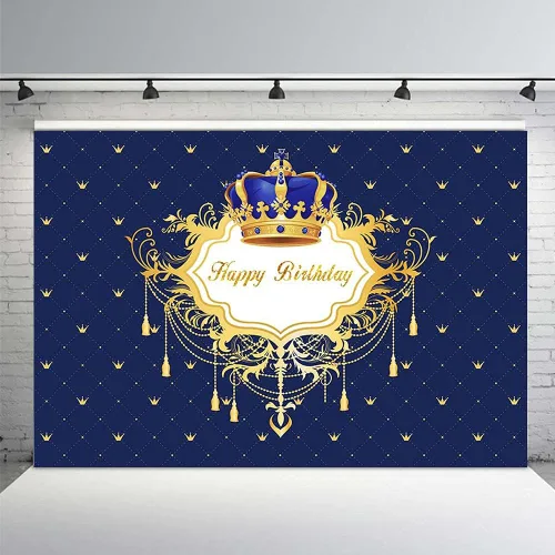 Miniatura 2 de Fondo de fotos de feliz cumpleaños azul y dorado para niño, corona de príncipe pequeño, decoración de fiesta, pancarta para fotografía de 7 x 5 pies