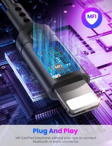 Miniatura 3 de iMangoo Diseño para auriculares con cable certificados MFi de Apple para audífonos Lightning, auriculares de alambre magnético con cable