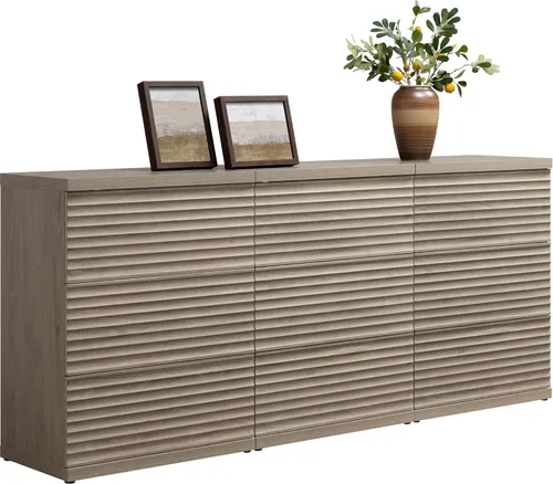 Miniatura 17 de SICOTAS Aparador buffet con almacenamiento, moderna credenza de acento acanalada con 3 cajones más grandes, mesa consola multimedia de mediados