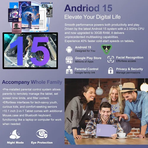 Miniatura 4 de Tableta Android 15 2025 con teclado AI Gemini, Tablets de Electrónica de 30GB+128GB de Ocho núcleos con pantalla IPS HD de 10 pulgadas, 8000mAh