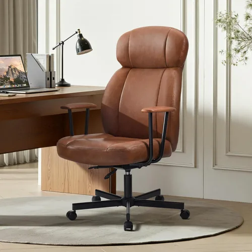 Cozyman Silla ergonómica de piel sintética para oficina en casa, silla de escritorio ejecutiva de respaldo alto con cojín de 5 capas, respaldo Marrón
