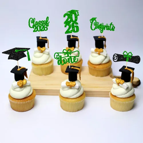 Miniatura 5 de Paquete de 24 adornos para cupcakes de clase 2026 con purpurina 2026 Felicidades Graduación Diploma Done Cupcake Picks 2026 Graduación Temática