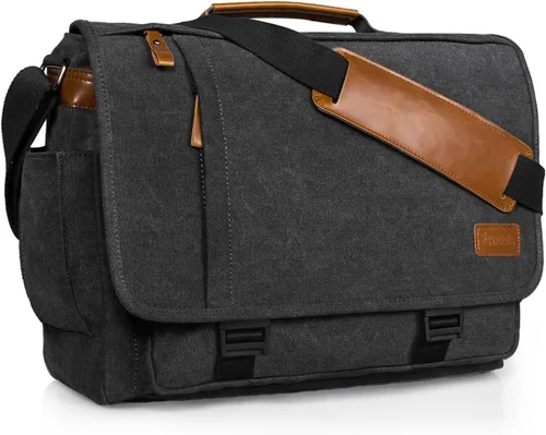 Miniatura 12 de ESTARER Bolsa de mensajero para laptop de 13 a 14 pulgadas, resistente al agua, bolsa de hombro de lona para universidad de negocios, gris