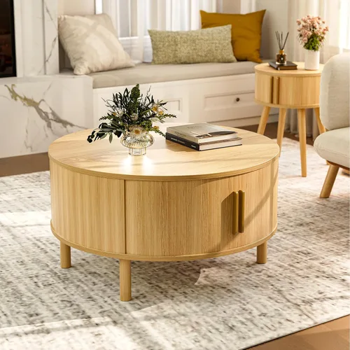 Miniatura 6 de ZttRiee Mesa auxiliar para sala de estar, moderna mesa de centro redonda con armarios y puertas correderas, espacio pequeño para el hogar, mesa