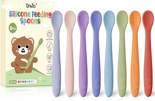 DRKIO Cucharas de silicona para bebés de 8 piezas, cucharas para bebés, primera etapa, autoalimentación, suministros de destete para bebés,